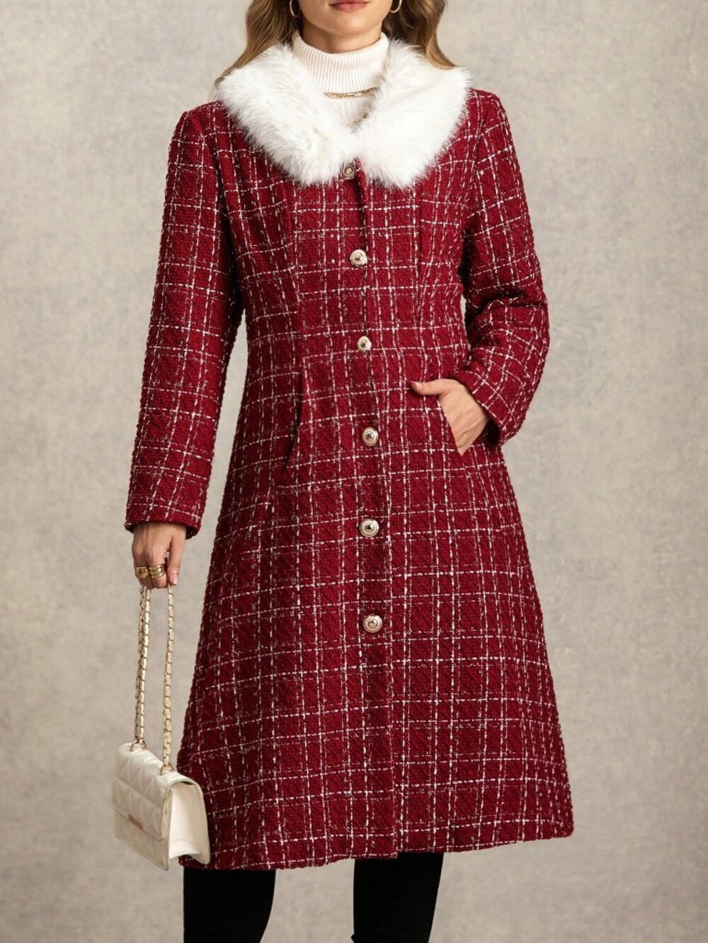 Red Elegant Women's Contrast Faux Fur Plaid Double-Breasted Midi Overcoat - Picture 4 of 8